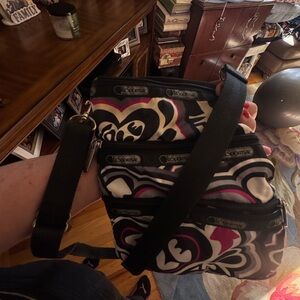 Pink and Black Patterned Crossbody Bag with Zipper